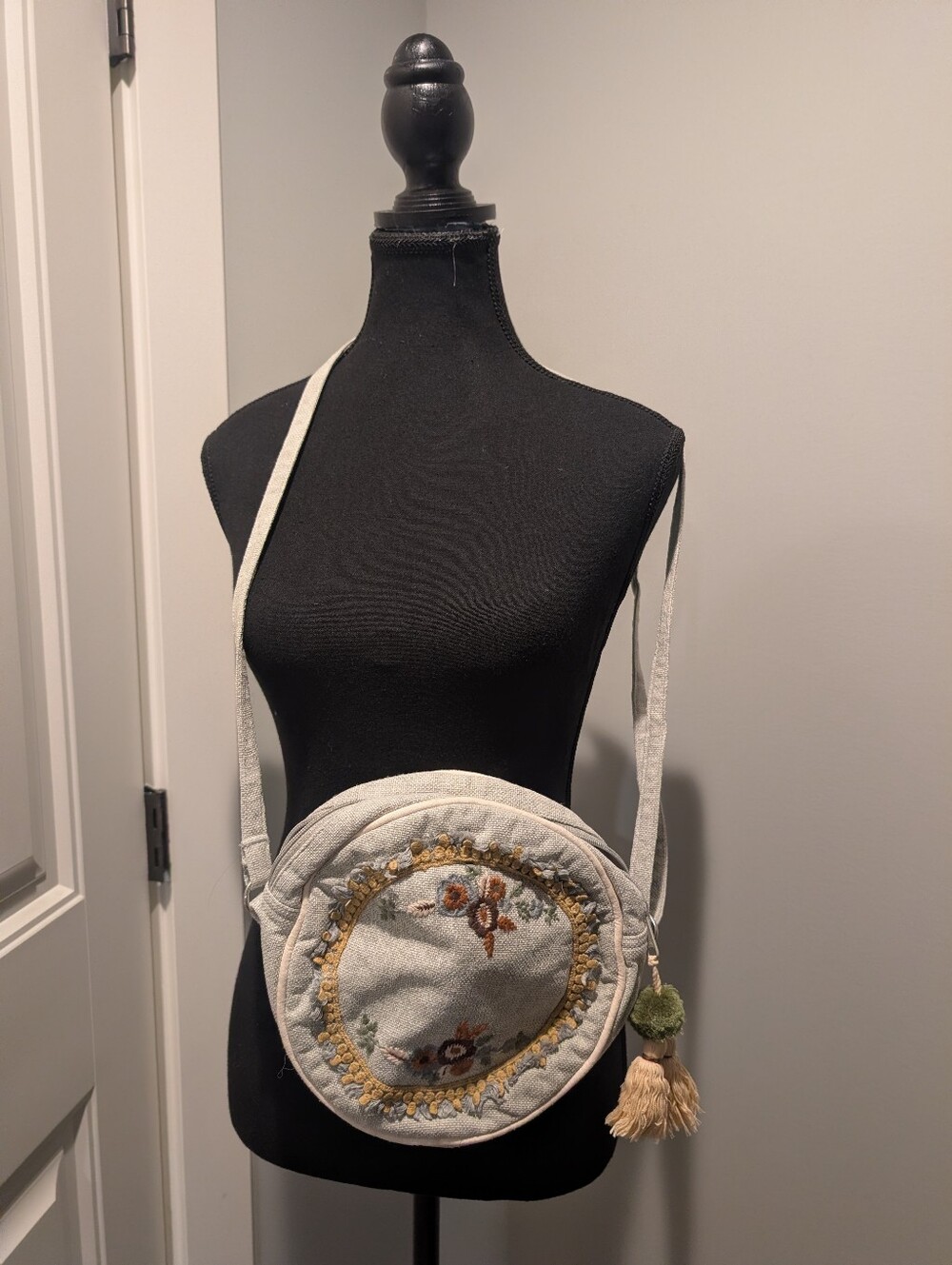 Boho Embroidered Round Crossbody Bag in Cream